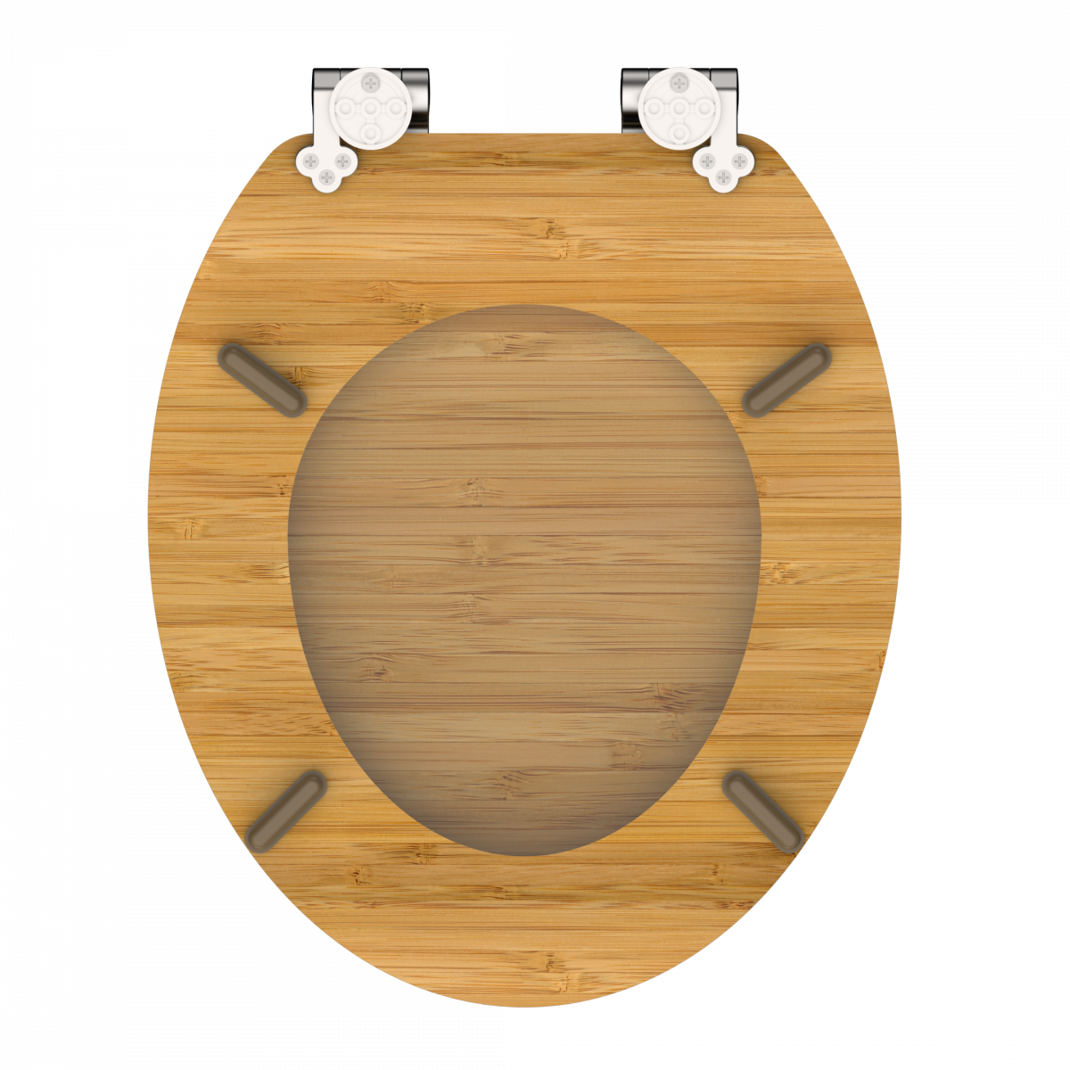 Ovaler WC-Sitz aus Holz mit silbernen Scharnieren und vier grauen Puffern.