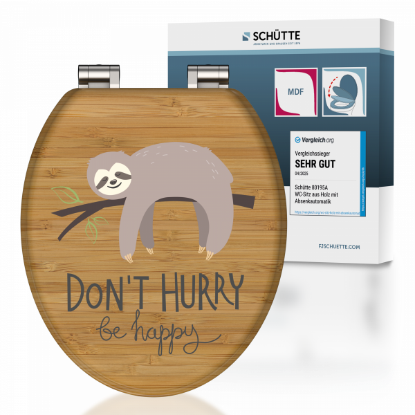 WC-Sitz aus Holz mit Faultiergrafik auf Ast und Text „Don’t hurry be happy“