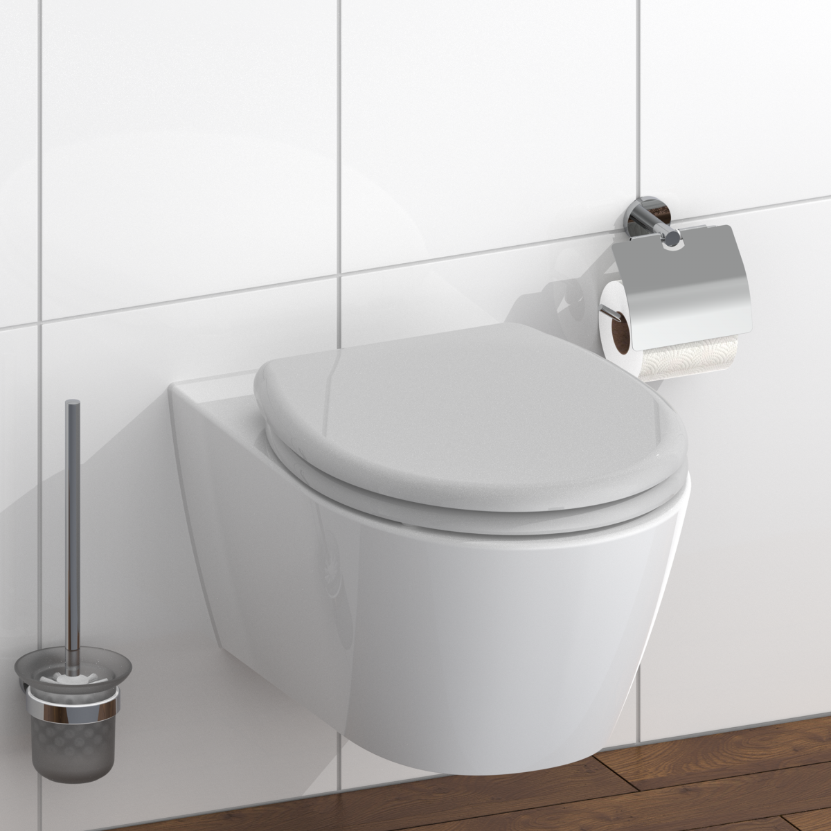 Wandhängendes weißes WC mit geschlossenem Sitz, Toilettenbürste und Papierhalter.