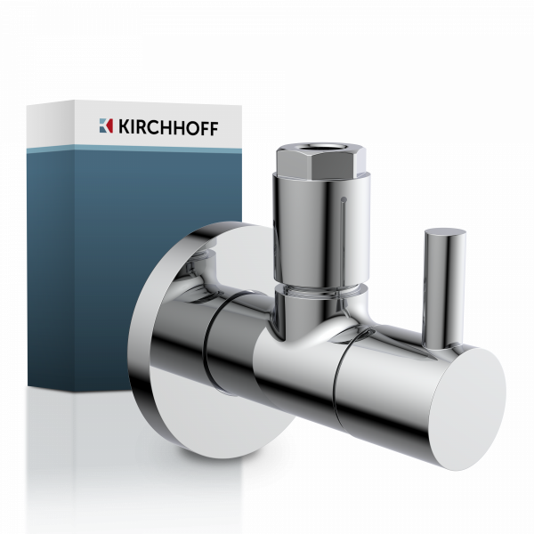 Chromglänzendes Eckventil mit rundem Wandanschluss und seitlichem Griff - Kirchhoff.
