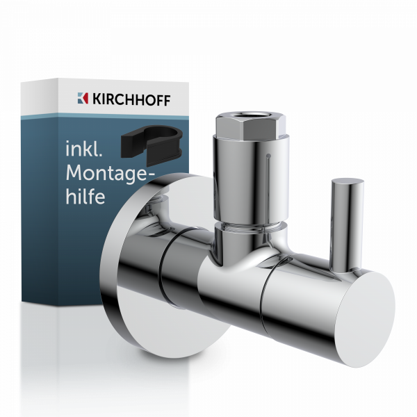 Verchromtes Eckventil mit rundem Wandanschluss vor Verpackung mit Text „inkl. Montagehilfe“.