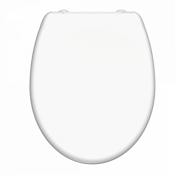 Weißer ovaler WC-Sitz mit geschlossenem Deckel, Draufsicht.