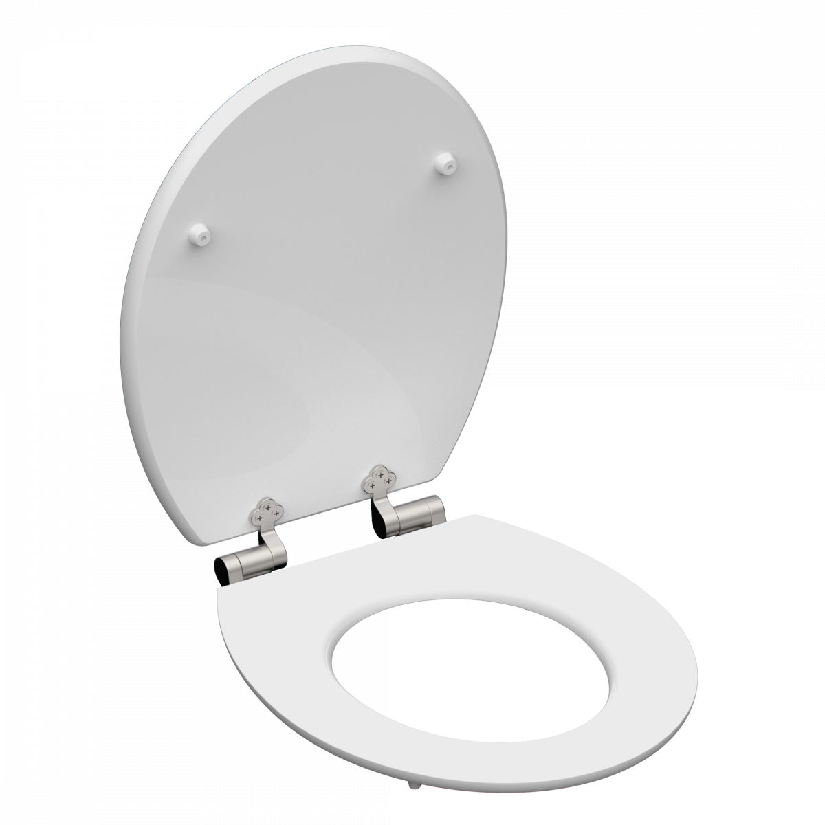 Weißer WC-Sitz mit offenem Deckel und silberfarbenen Metallscharnieren.