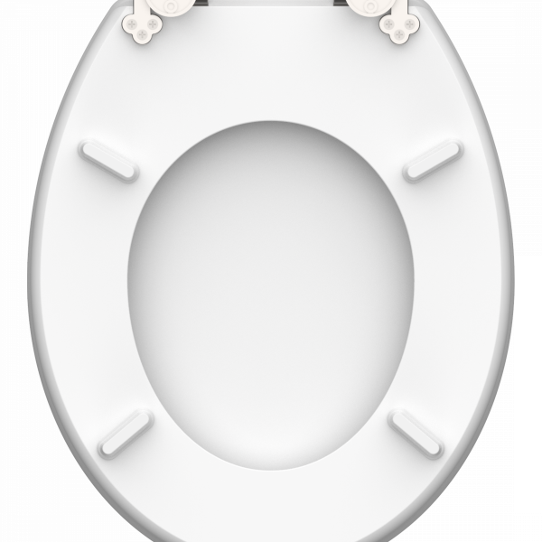 Weißer ovaler WC-Sitz mit vier Abstandshaltern und zwei Scharnieren an der Rückseite.