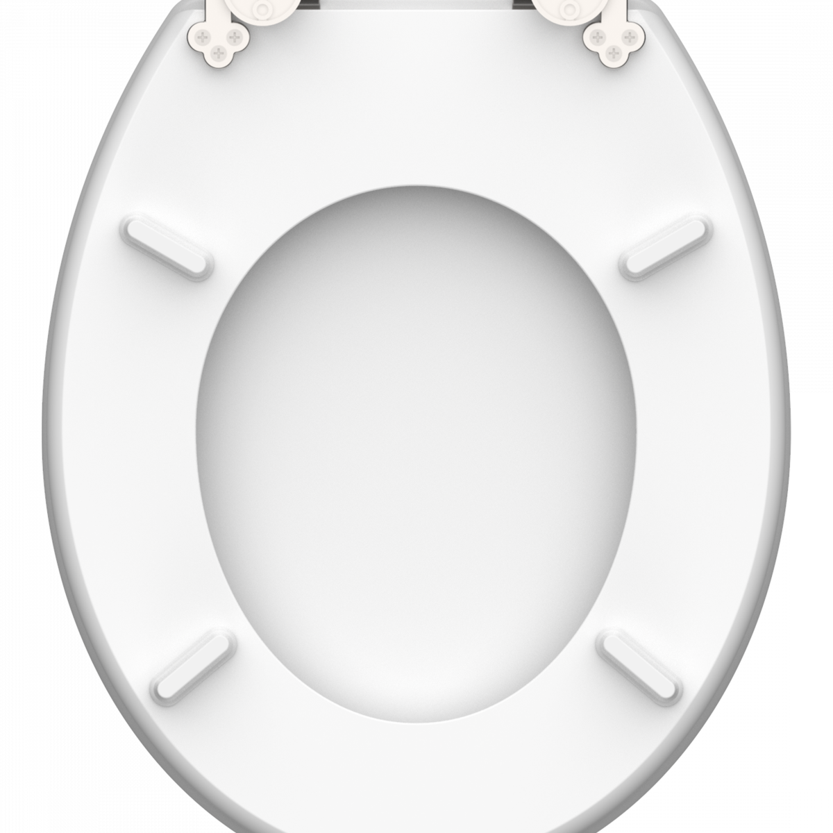 Weißer ovaler WC-Sitz mit vier Abstandshaltern und zwei Scharnieren an der Rückseite.