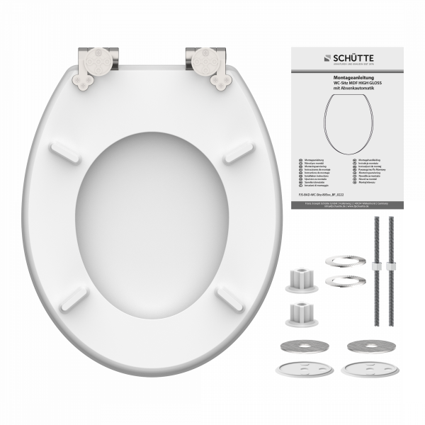 Weißer WC-Sitz mit Montagezubehör und Anleitung, von unten auf weißem Hintergrund.