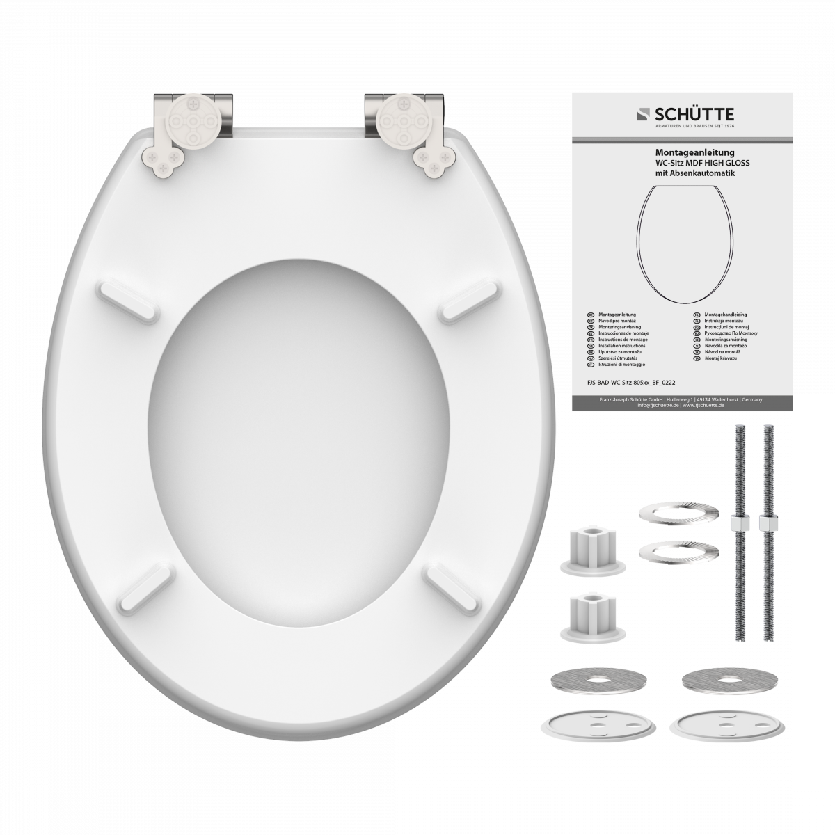 Weißer WC-Sitz mit Montagezubehör und Anleitung, von unten auf weißem Hintergrund.