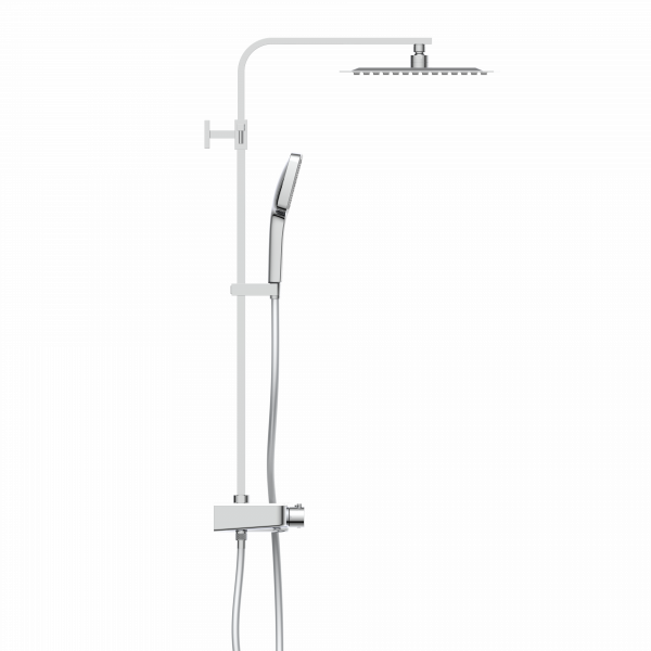 Duschsystem mit eckiger Kopfbrause, Handbrause, Thermostat und verstellbarer Wandstange aus Metall.