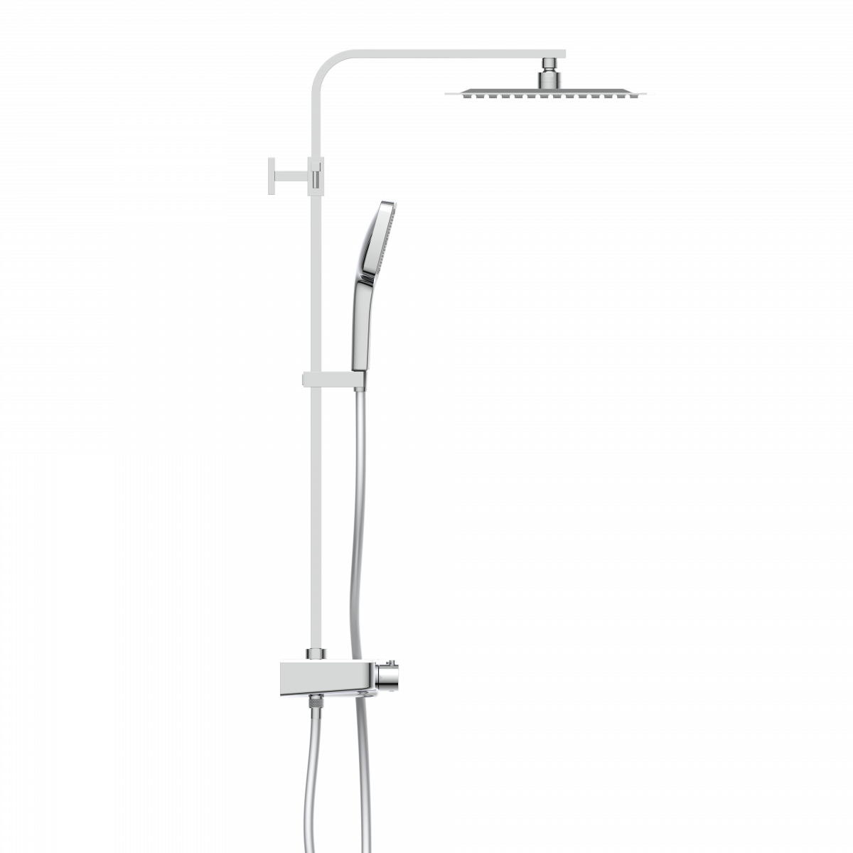 Duschsystem mit eckiger Kopfbrause, Handbrause, Thermostat und verstellbarer Wandstange aus Metall.