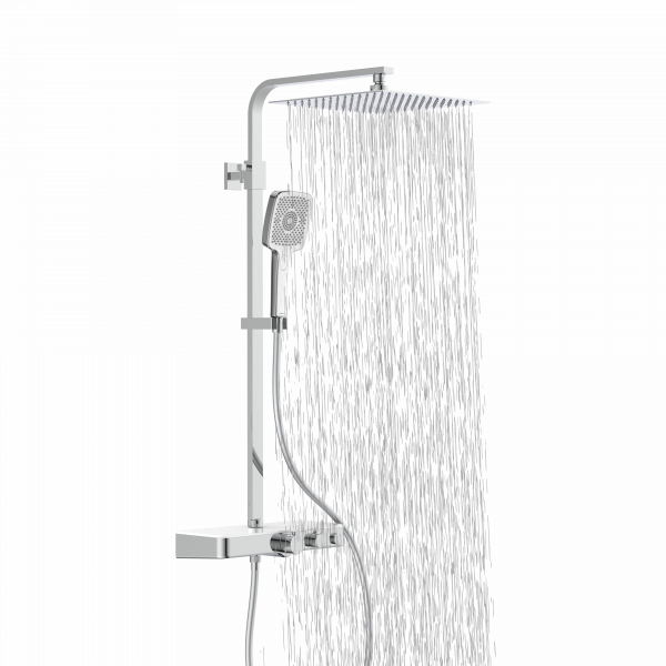 Duschsystem mit eckiger Kopfbrause, Handbrause, Thermostat und herabfließendem Wasserstrahl.