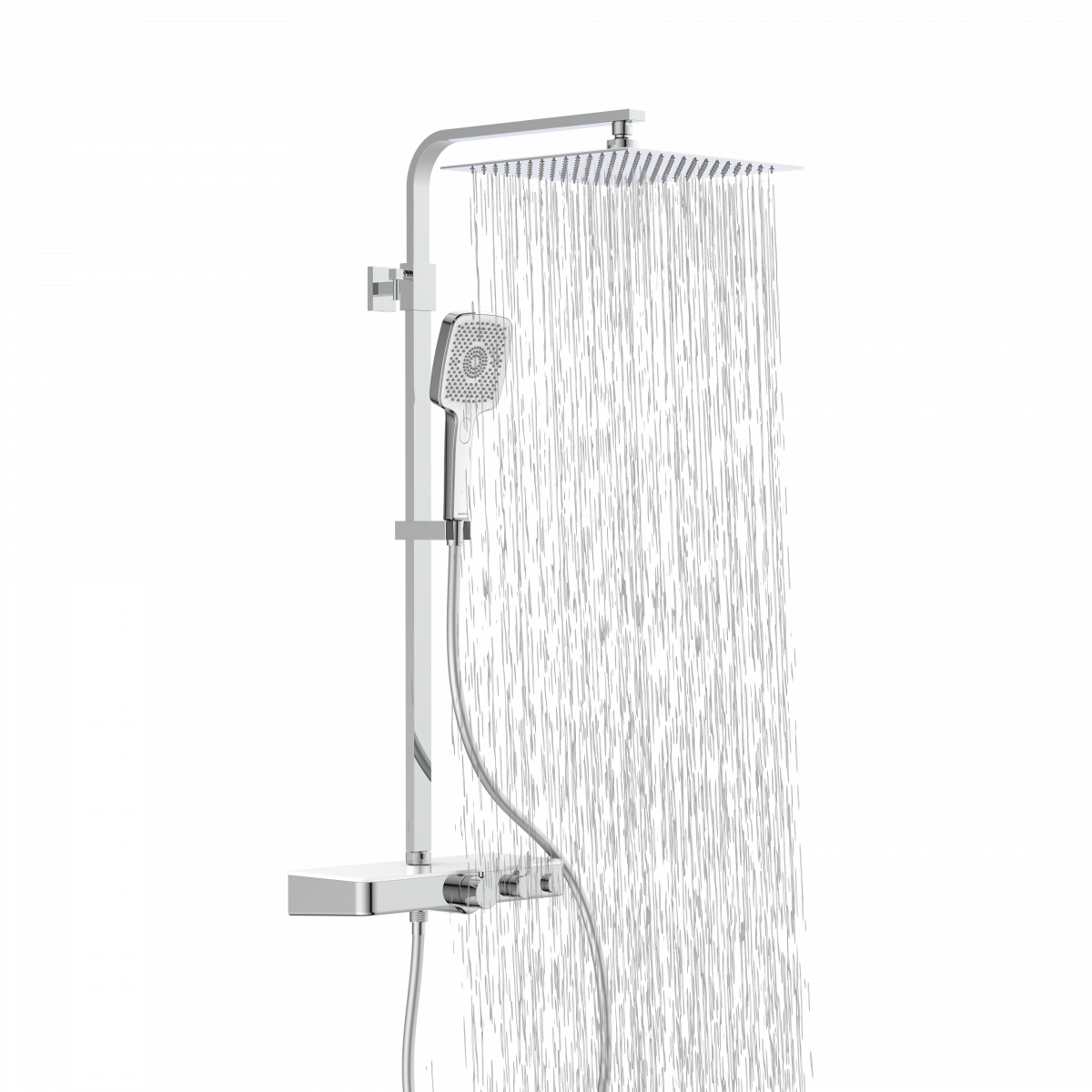 Duschsystem mit eckiger Kopfbrause, Handbrause, Thermostat und herabfließendem Wasserstrahl.