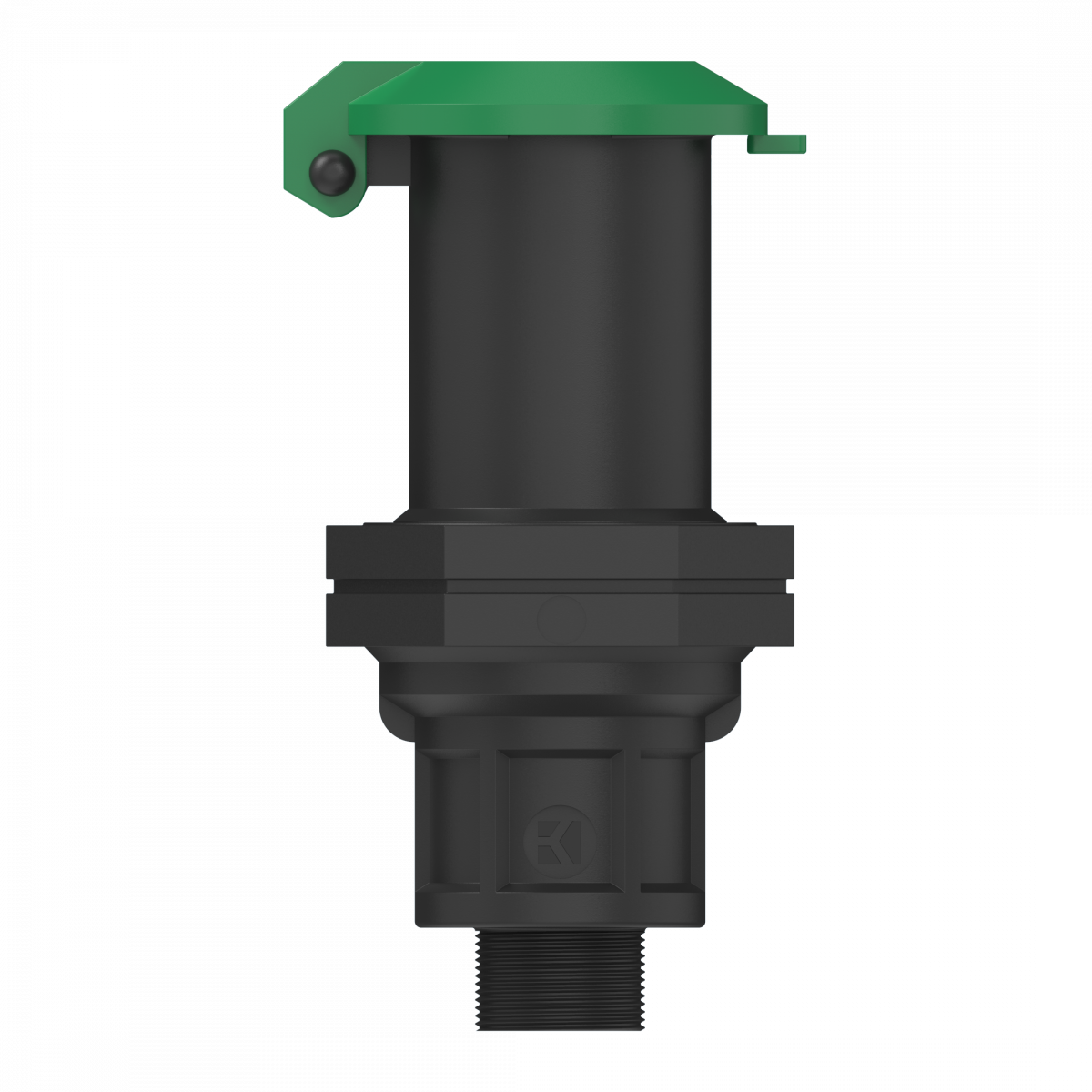 Schwarzes Wassersteckdose mit sechseckigem Mittelteil und grünem rechteckigem Deckel oben.