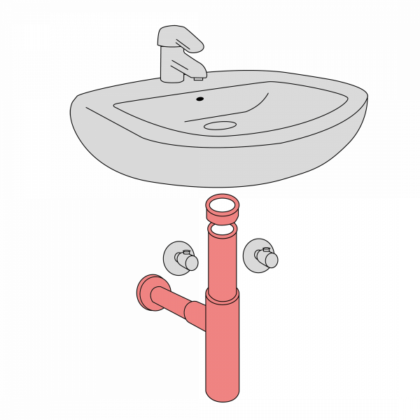 Grafische Darstellung eines Waschbeckens mit markiertem Siphon und zwei Wandanschlüssen.