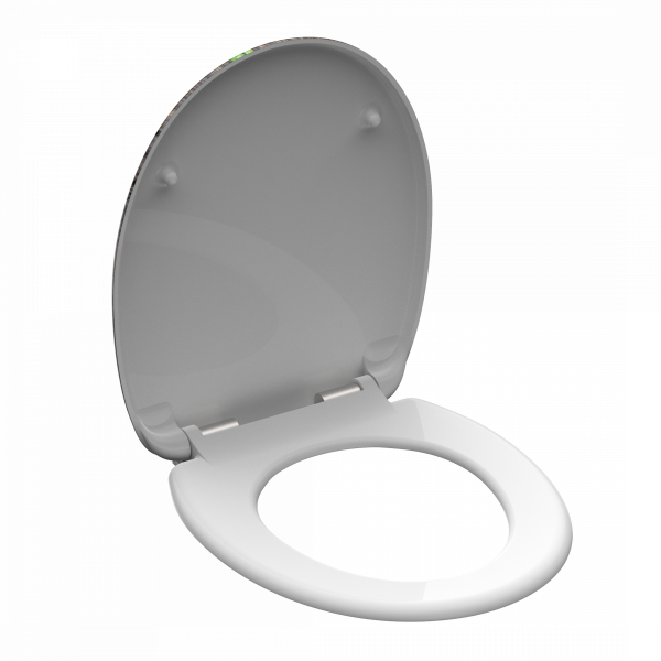 Weißer WC-Sitz mit geöffnetem Deckel und ovaler Brille vor neutralem Hintergrund.