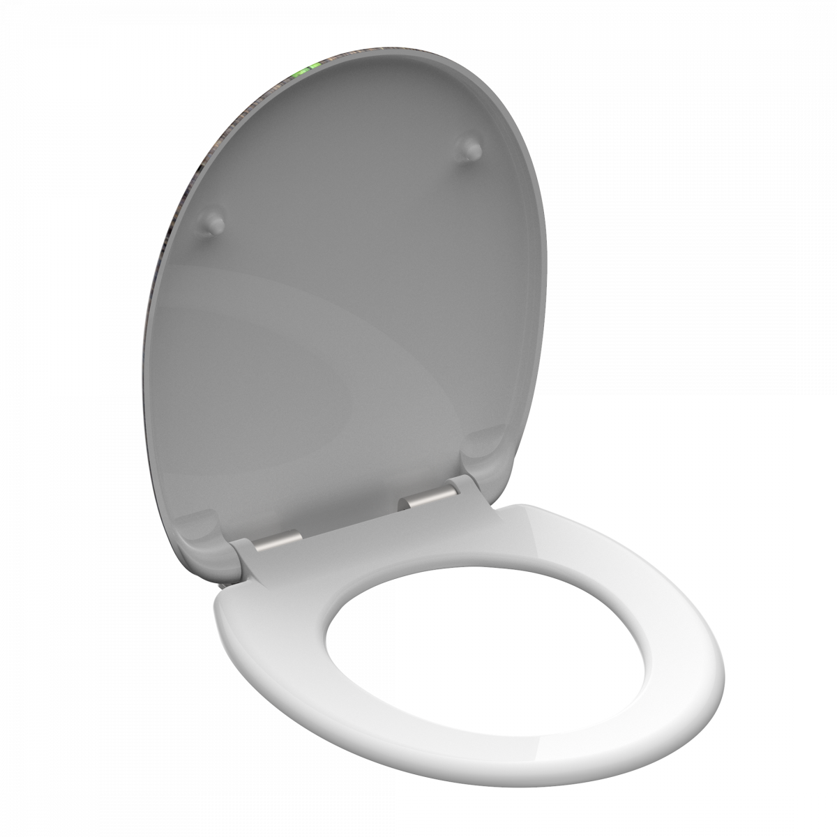 Weißer WC-Sitz mit geöffnetem Deckel und ovaler Brille vor neutralem Hintergrund.