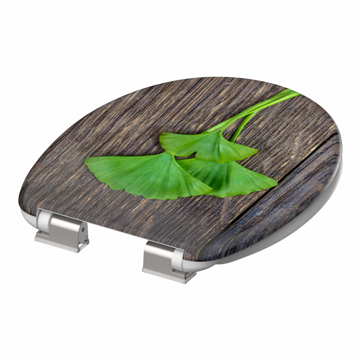 Toilettensitz mit Holzoptik und grünem Ginkgoblatt-Motiv auf dem Deckel.