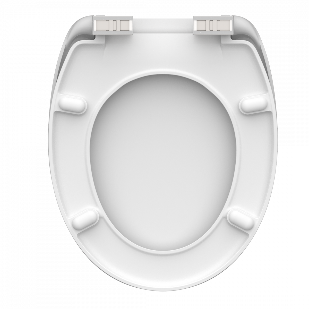 Weißer WC-Sitz aus Kunststoff in ovaler Form mit Befestigungsscharnieren oben.