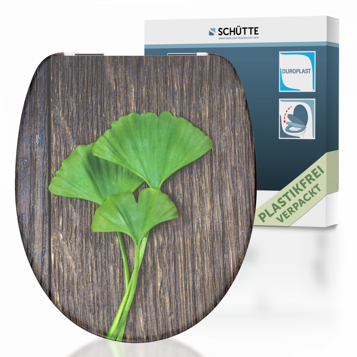 WC-Sitz mit Motiv aus zwei grünen Ginkgoblättern auf Holzstruktur, Verpackung im Hintergrund