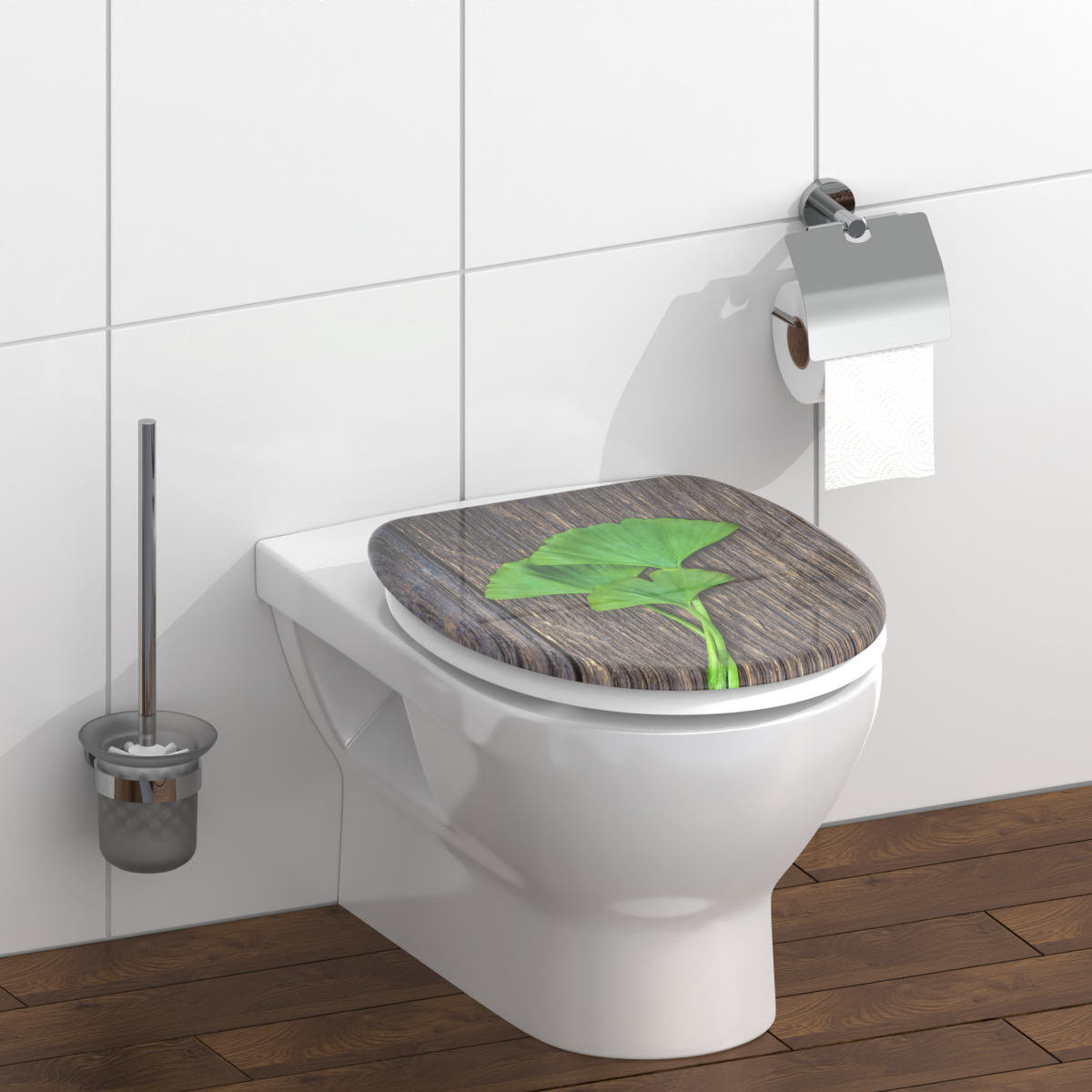 Wandhängende weiße Toilette mit WC-Sitz in Holzoptik und grünem Blattmotiv.