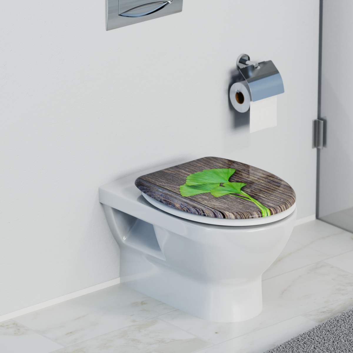 Weiße Wandtoilette mit Toilettensitz in Holzoptik und grünem Blattmotiv.