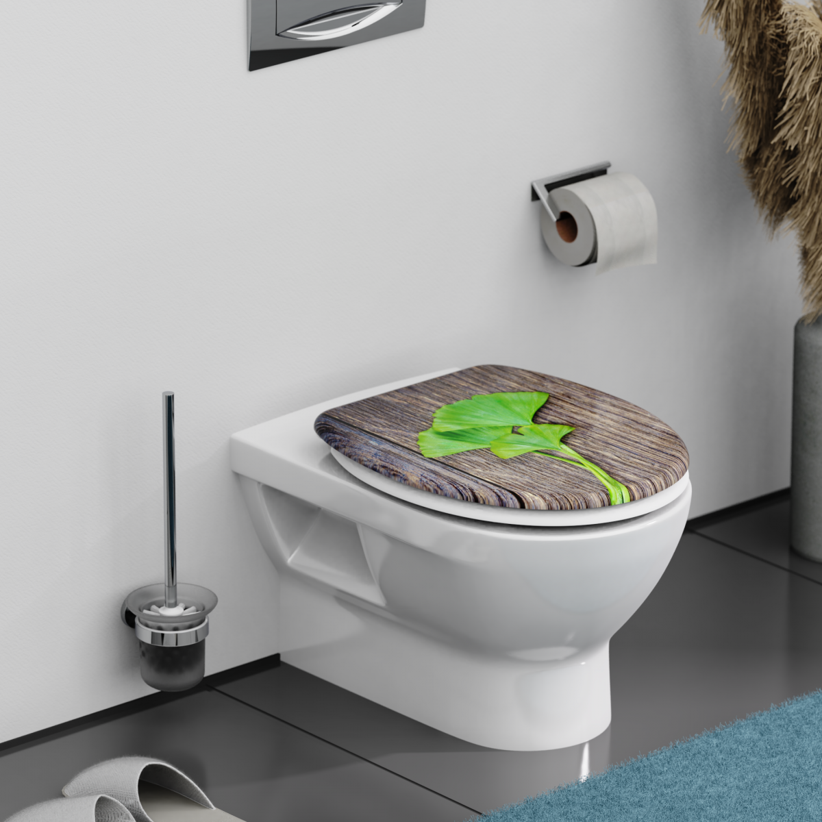 Wandhängende weiße Toilette mit Toilettensitz in Holzoptik und grünem Blattmotiv.