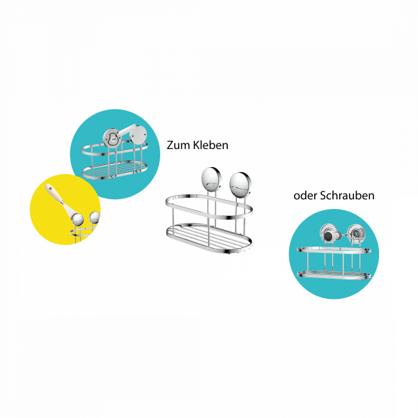 Metallisches Duschregal mit zwei runden Halterungen, wahlweise zum Kleben oder Schrauben.