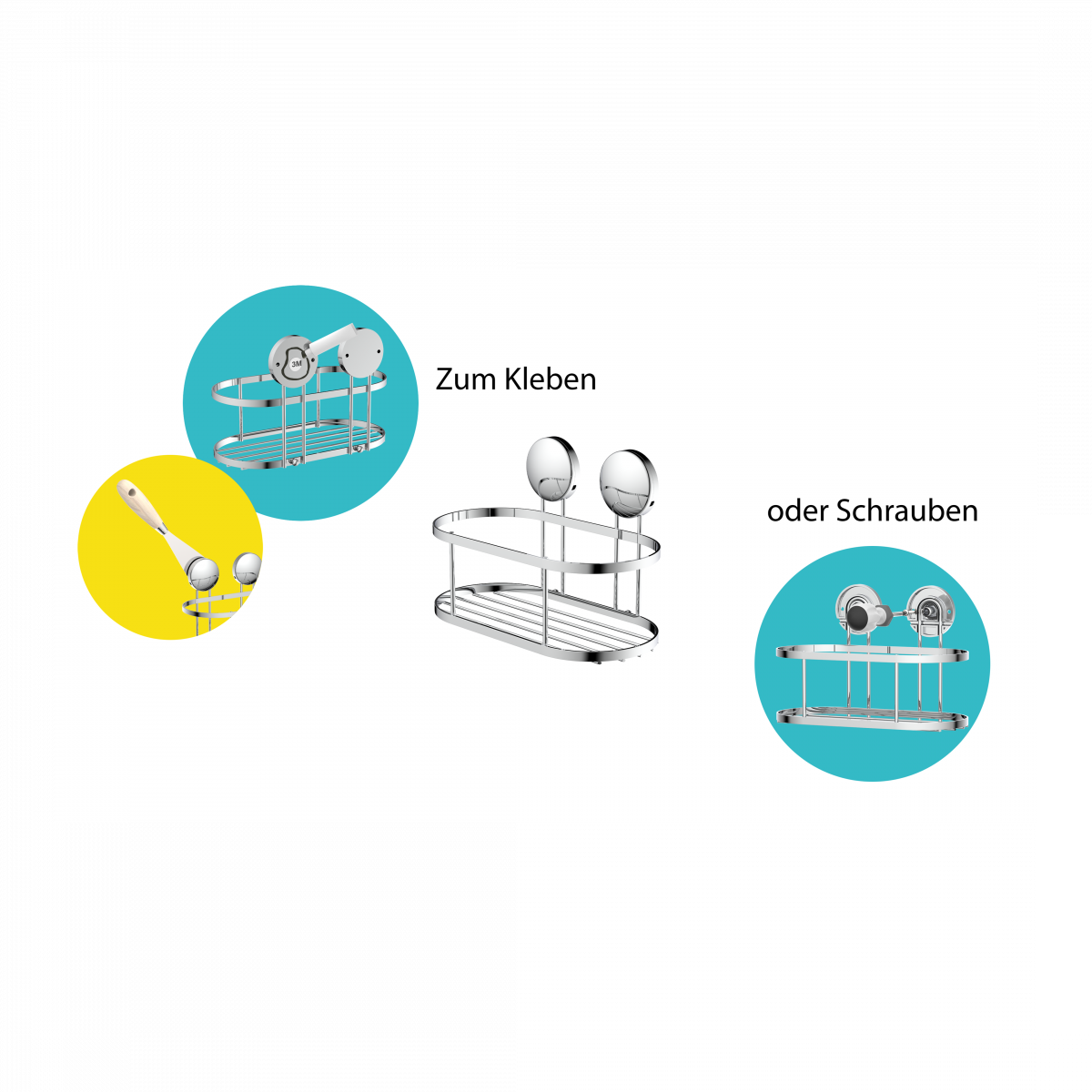 Metallisches Duschregal mit zwei runden Halterungen, wahlweise zum Kleben oder Schrauben.