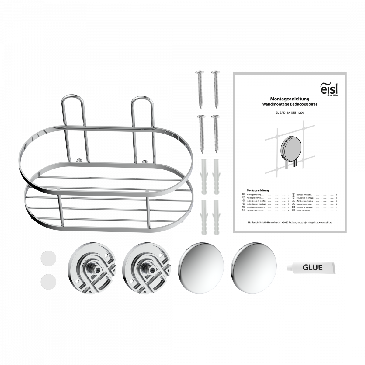 Metallisches Duschregal mit Befestigungsteilen, Schrauben, Dübeln, Kleber und Anleitung.