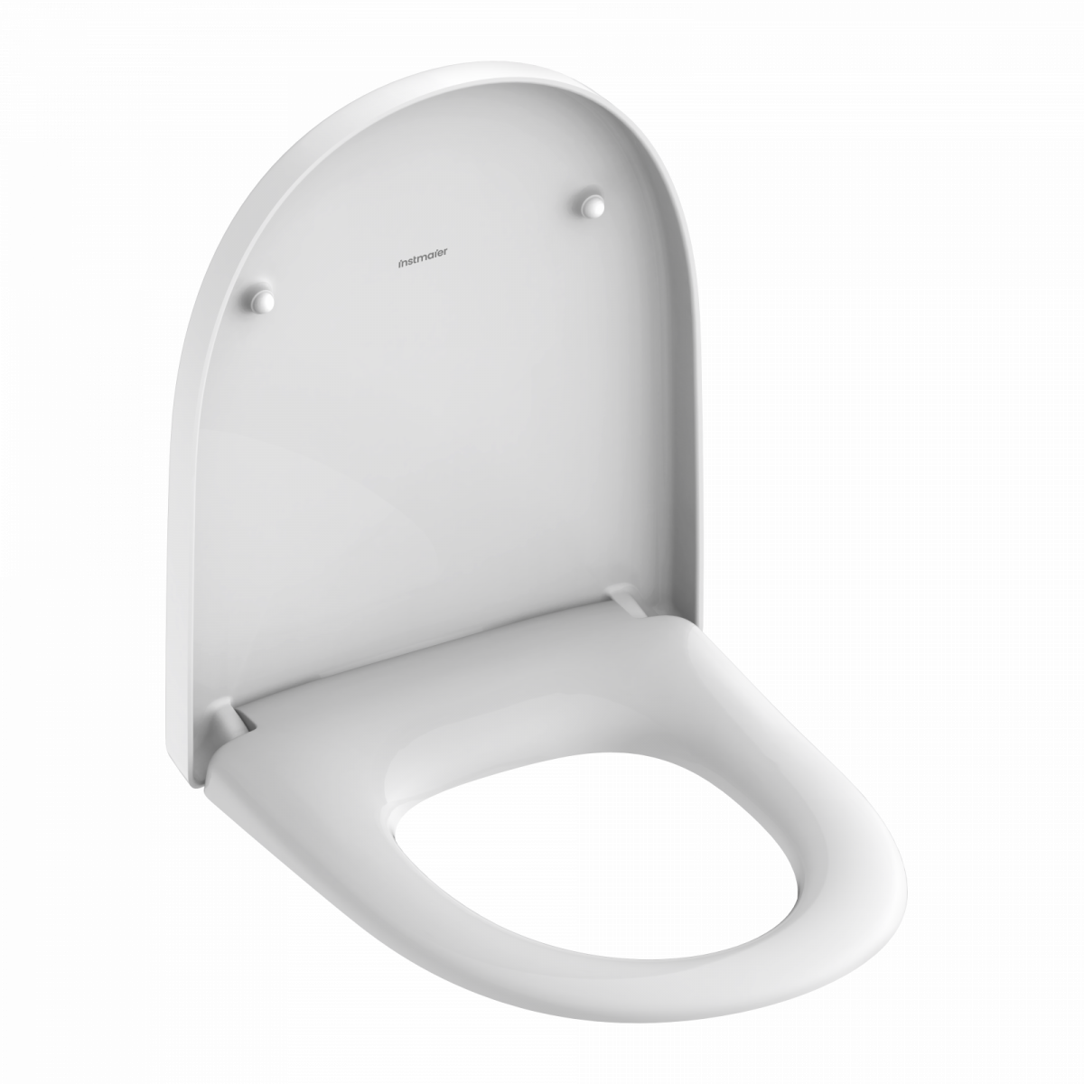 Weißer Toilettensitz mit aufgeklappter, ovaler Sitzfläche und Deckel.