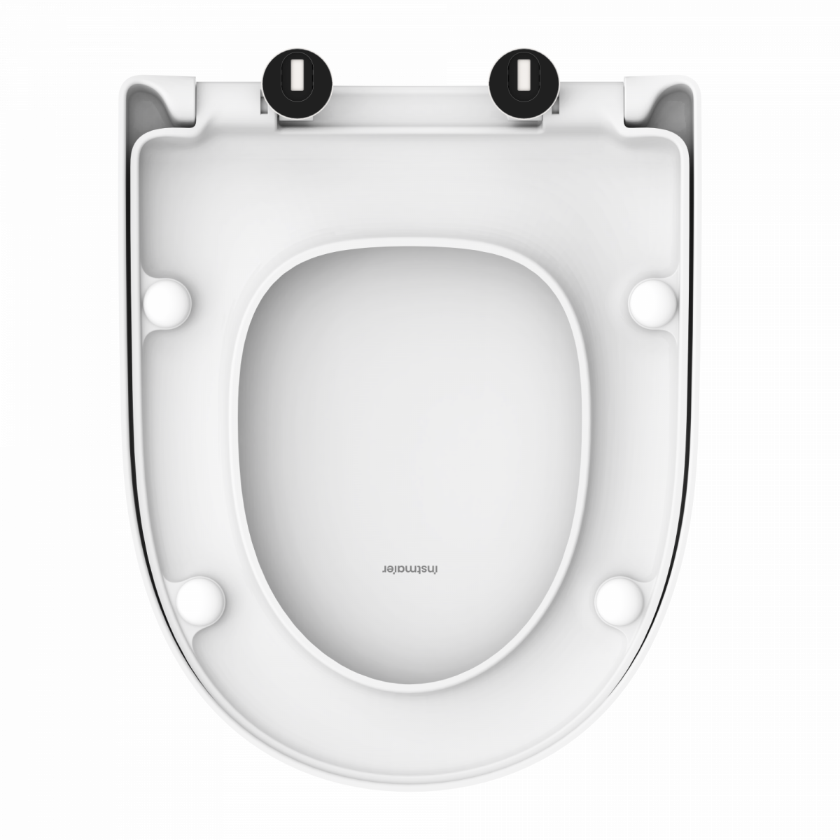 Weißer WC-Sitz von oben mit schwarzen Scharnieren und runder Sitzöffnung.