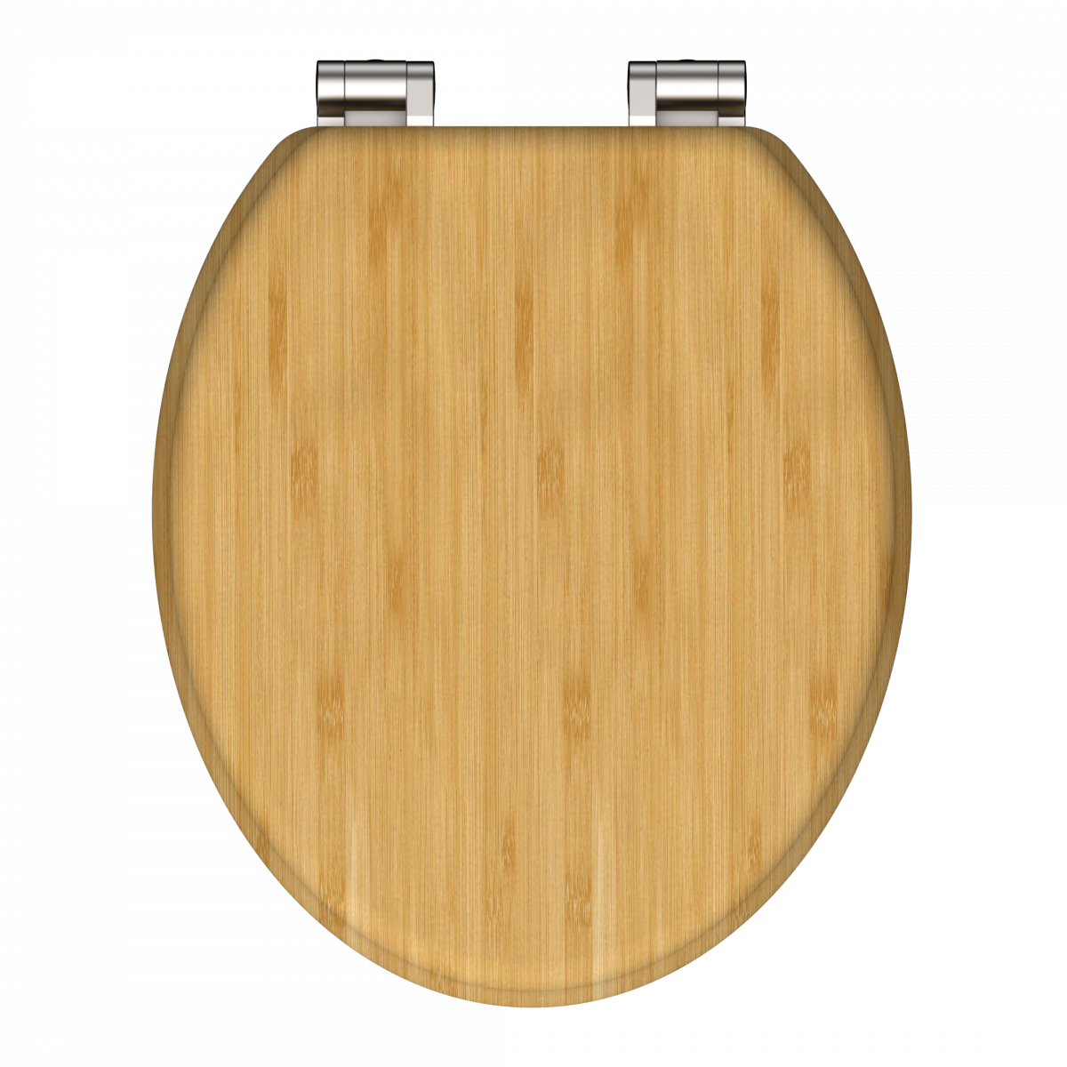 Runder Toilettendeckel aus hellem Holz mit silberfarbenen Metallscharnieren.