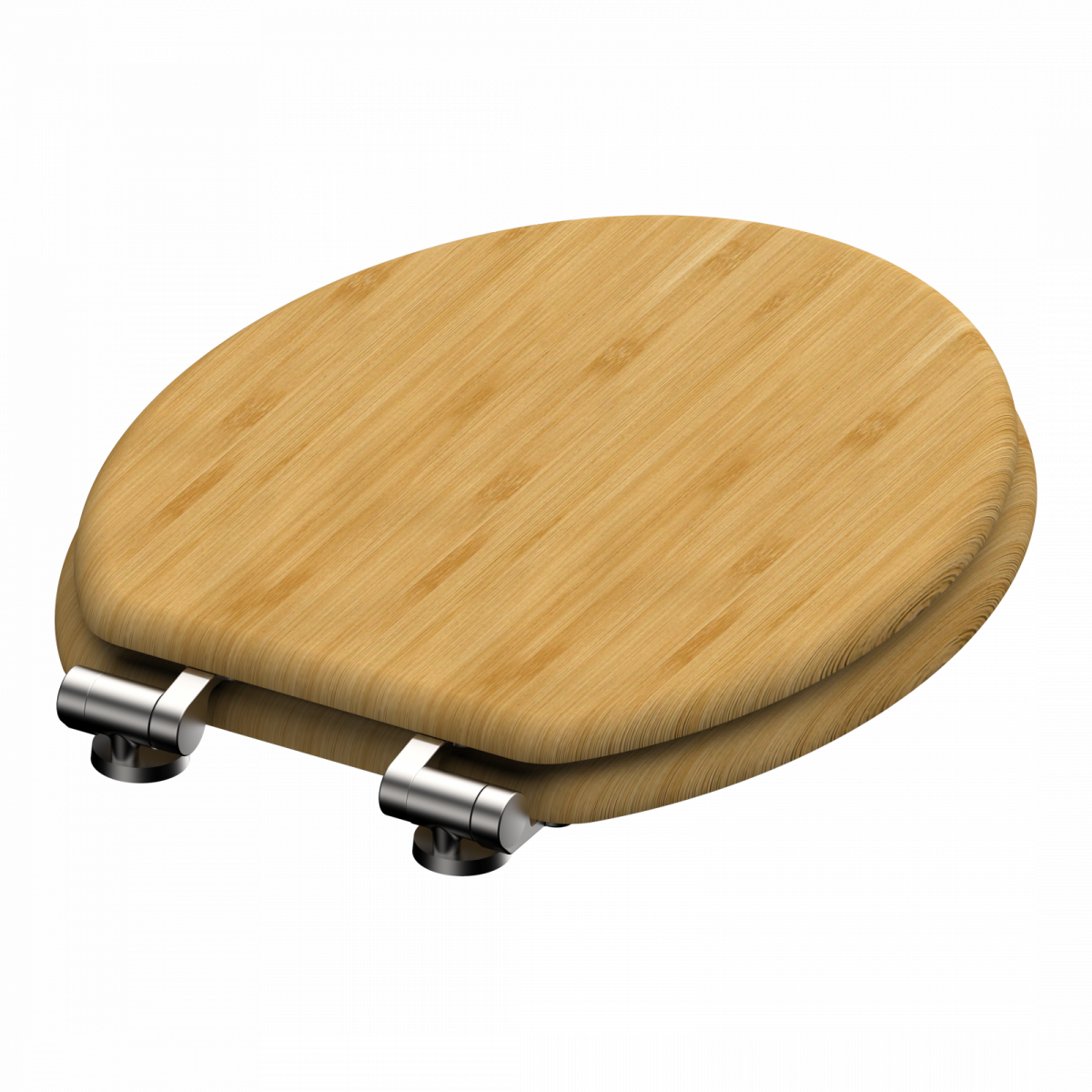 Runder Toilettensitz aus hellem Holz mit silberfarbenen Scharnieren