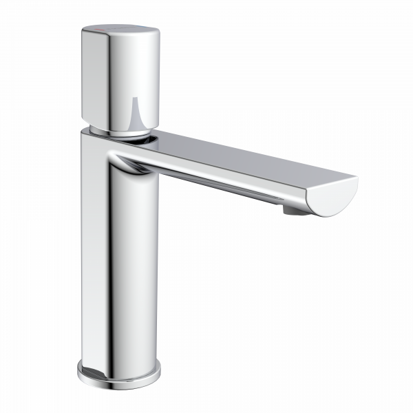 Verchromter Wasserhahn mit zylindrischem Körper und flachem, geradem Auslauf.