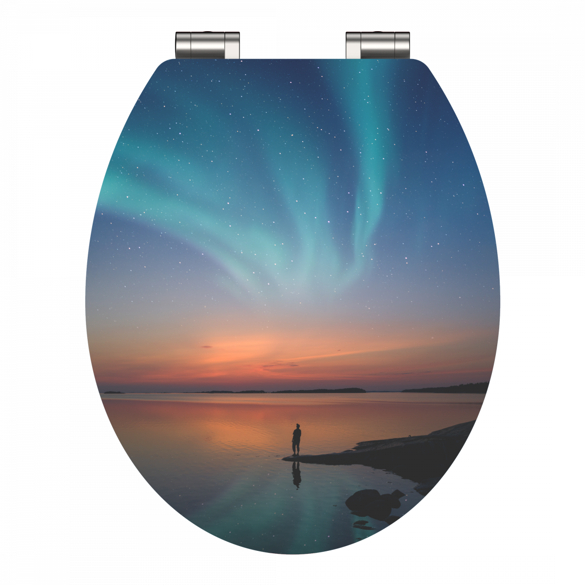 WC-Sitzdeckel mit Motiv eines Polarlichts über einem See in der Dämmerung.