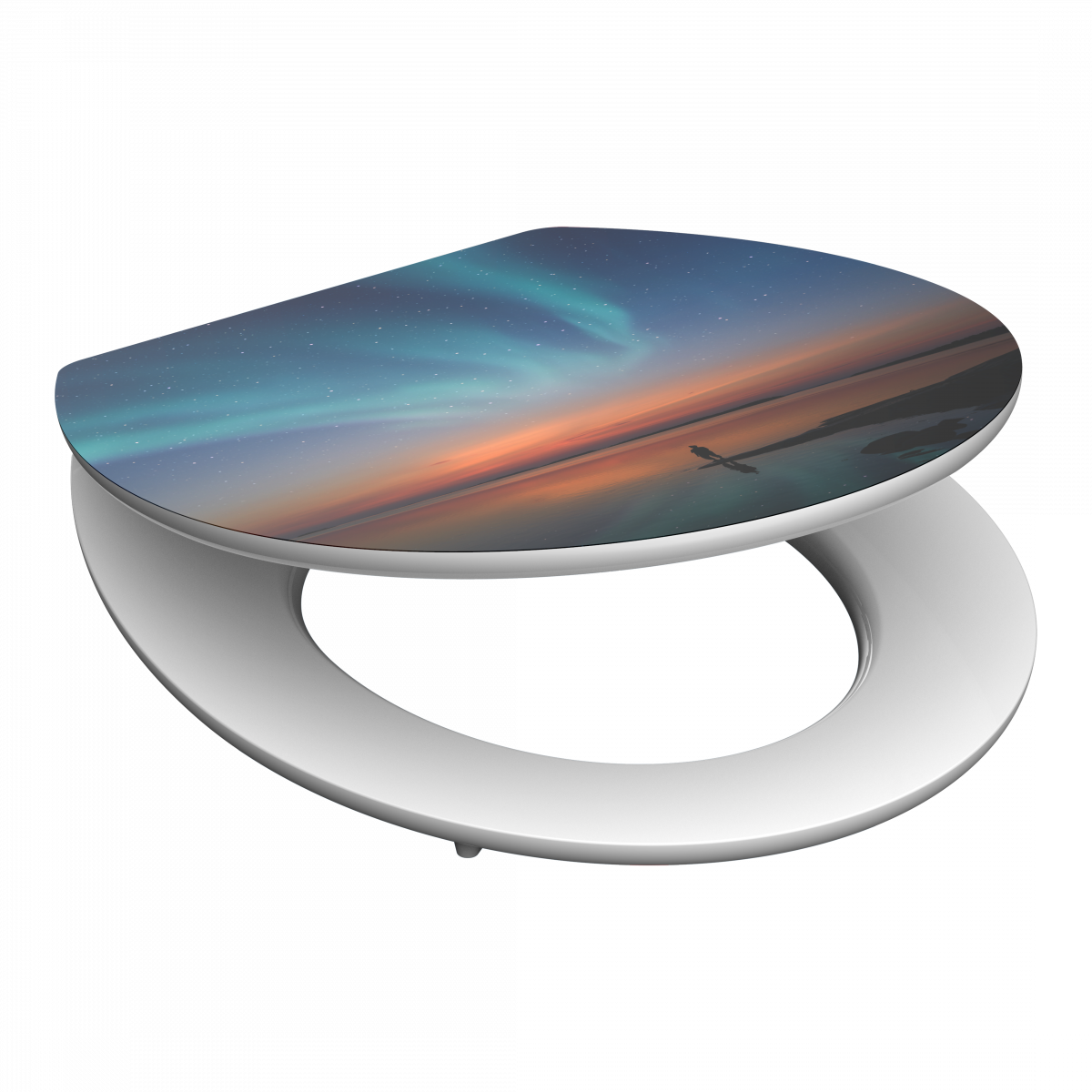 Weißer Toilettensitz mit Motiv eines Sonnenuntergangs und Polarlichtern am Meer