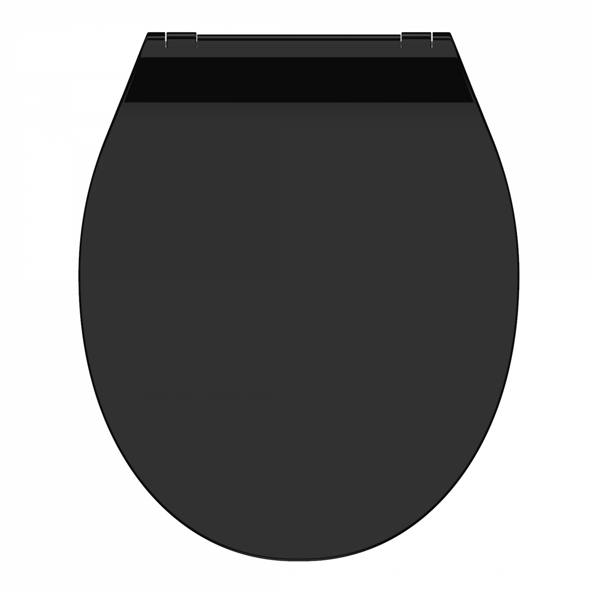 Schwarzer WC-Sitz mit abgerundeter Form und Scharnieren an der Rückseite.