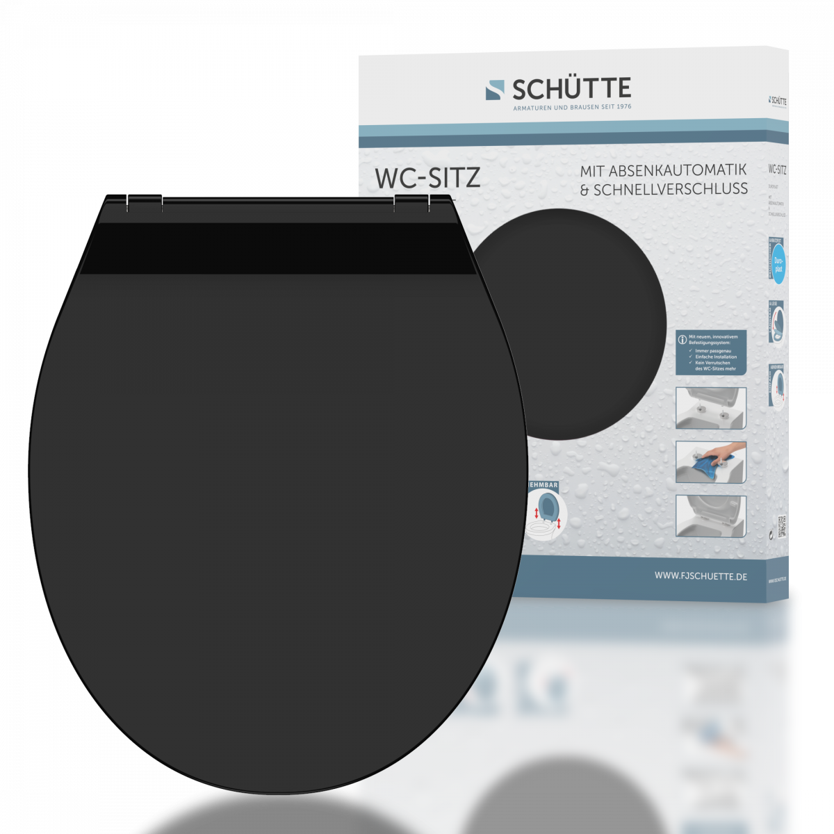 Schwarzer WC-Sitz mit Deckel, stehend vor Verpackung mit Herstelleraufdruck Schütte.