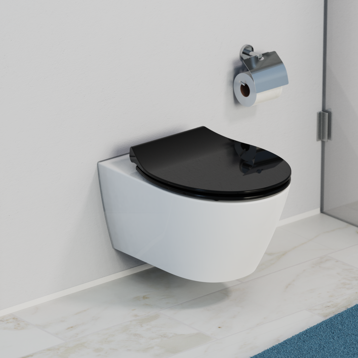 Wandhängendes WC mit schwarzem WC-Deckel und Wandhalterung für Toilettenpapier.