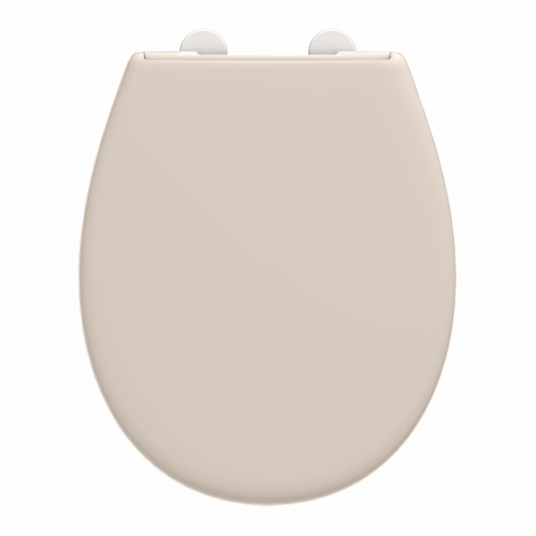 Beigefarbener WC-Sitz in ovaler Form mit geschlossener Deckelansicht.