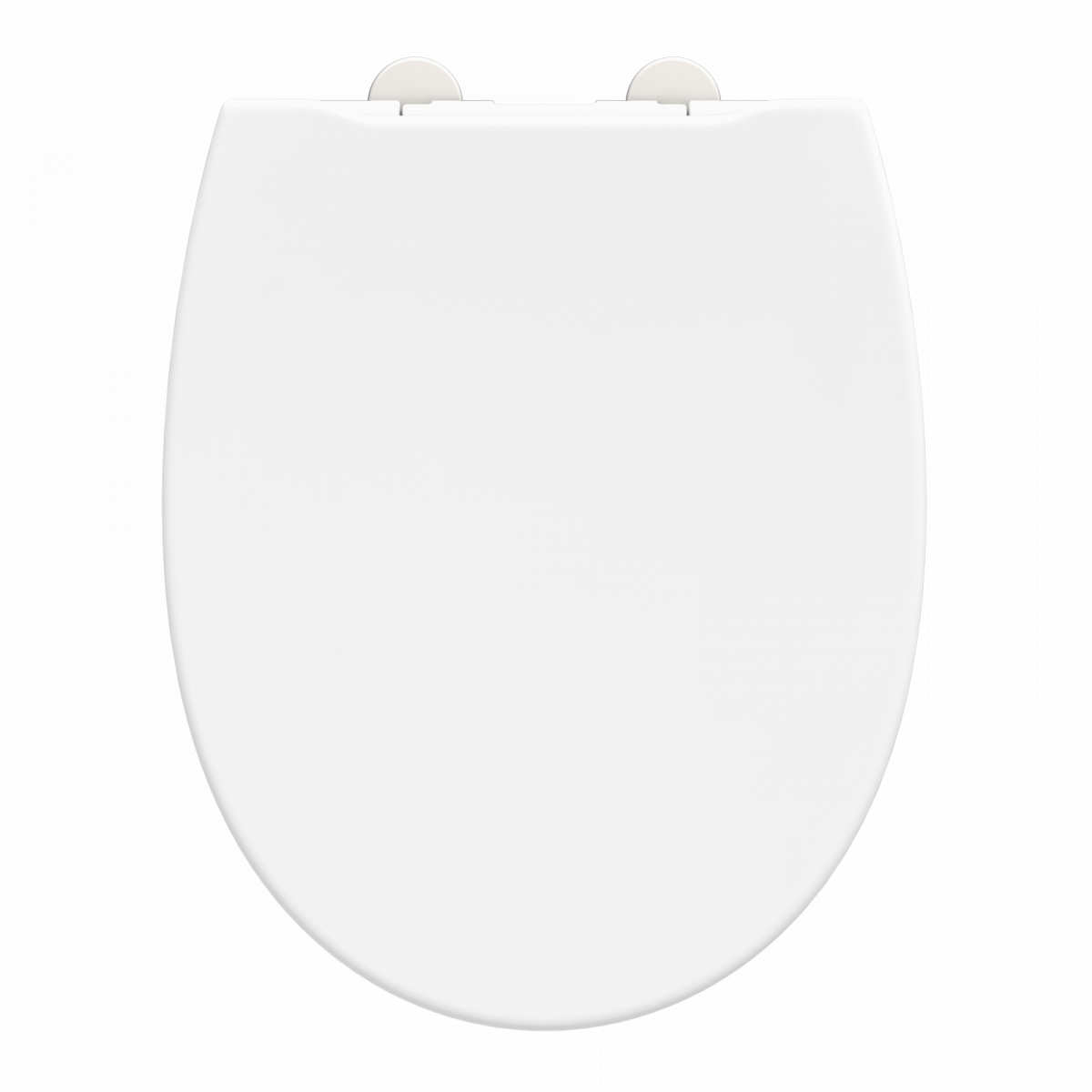 Weißer WC-Sitz mit ovaler Form und sichtbaren Befestigungsscharnieren oben.