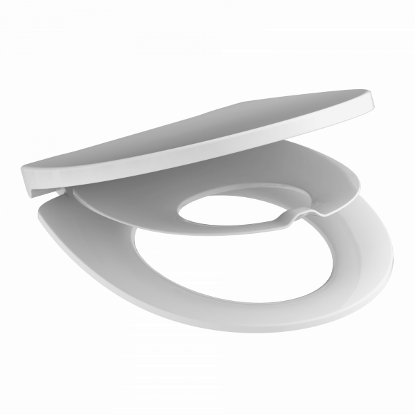 Weißer Toilettensitz mit Deckel und integriertem Kindersitz, leicht geöffnet.