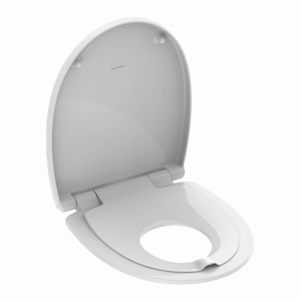 Weißer Toilettensitz mit offenem Deckel und abgerundetem Sitzring