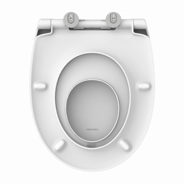 Weißer WC-Sitz in ovaler Form mit Scharnieren und Befestigungen von oben sichtbar.