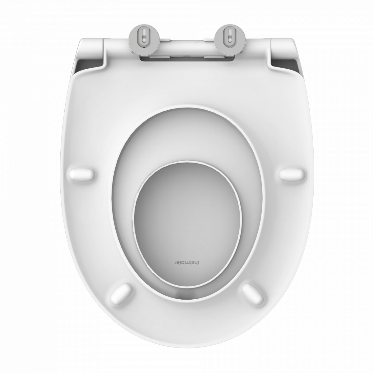 Weißer WC-Sitz in ovaler Form mit Scharnieren und Befestigungen von oben sichtbar.