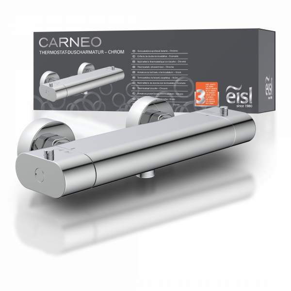 Chromfarbene Thermostat-Duscharmatur mit rundem Design vor grauer Verpackung - Carne;";";";";";";";";";";";";";";";";";";";"
1"