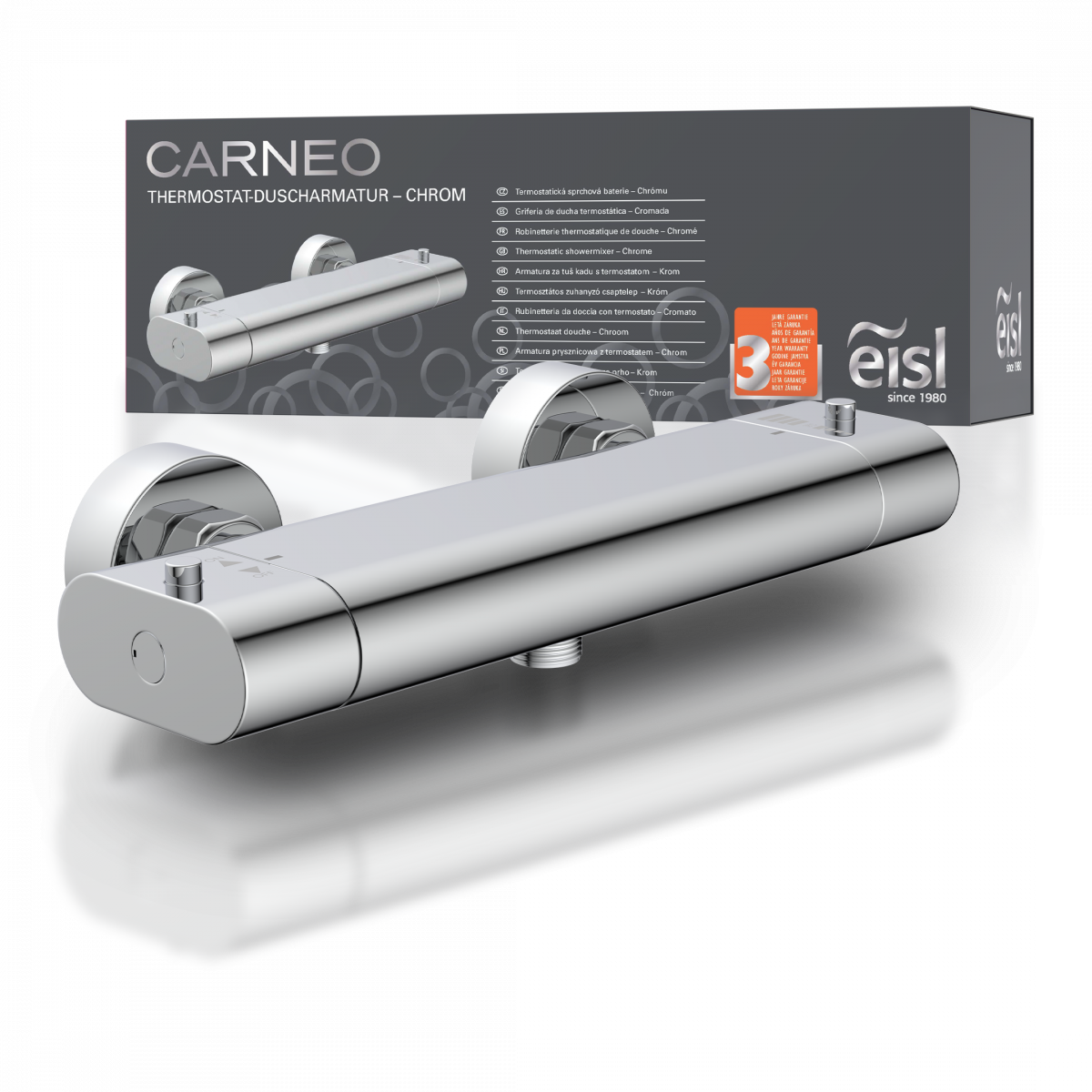 Chromfarbene Thermostat-Duscharmatur mit rundem Design vor grauer Verpackung - Carne;";";";";";";";";";";";";";";";";";";";"
1"