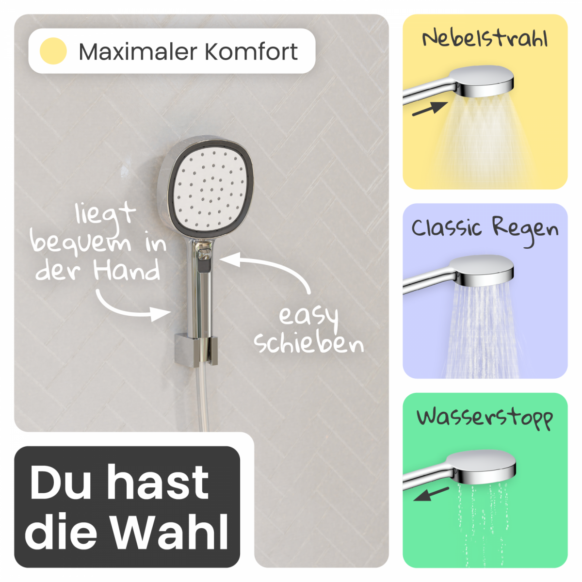 Duschbrause Set Cleo (Chrom, Weiß) | 2 Strahlarten | instmaier
