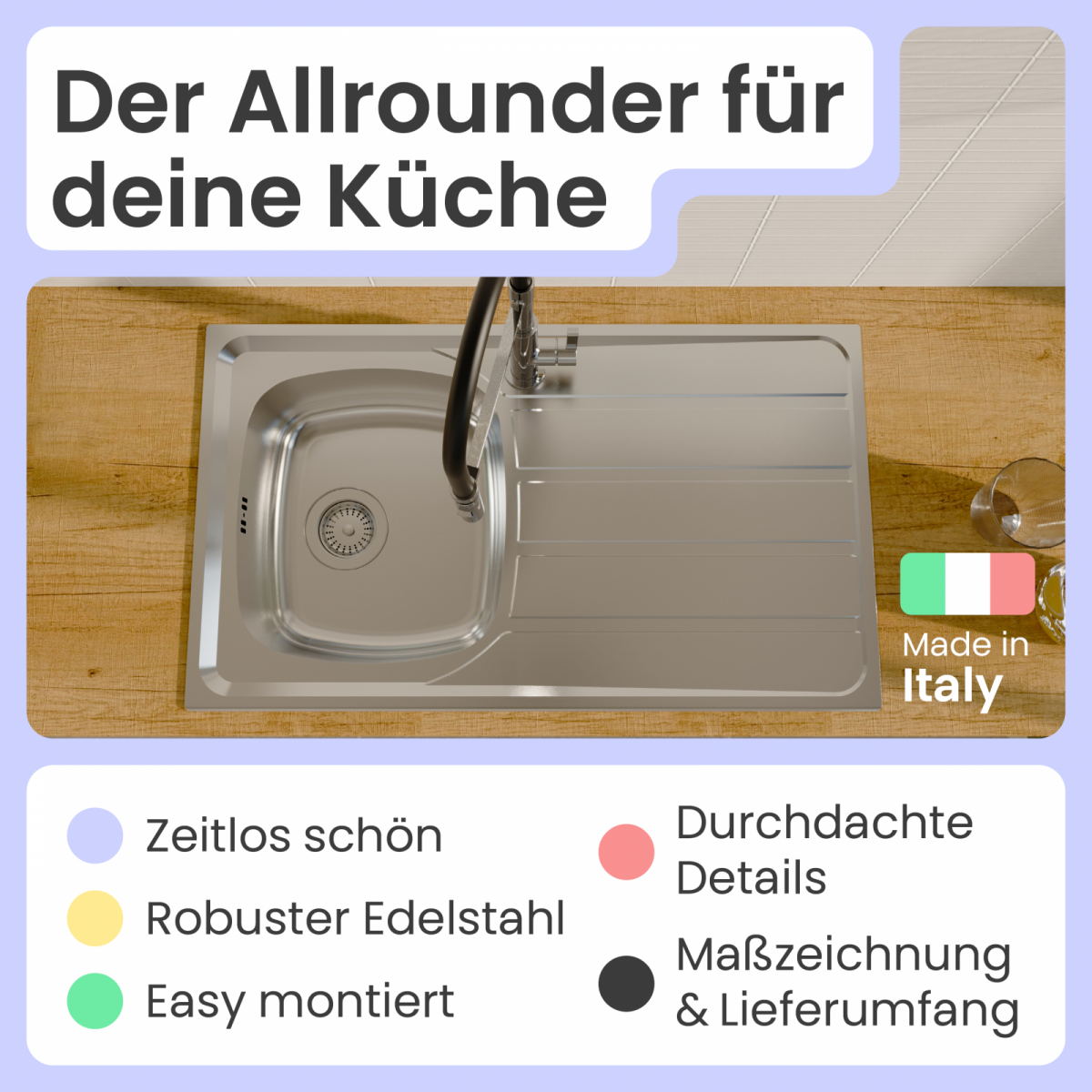 Edelstahlspüle Katharina mit Abtropffläche | instmaier