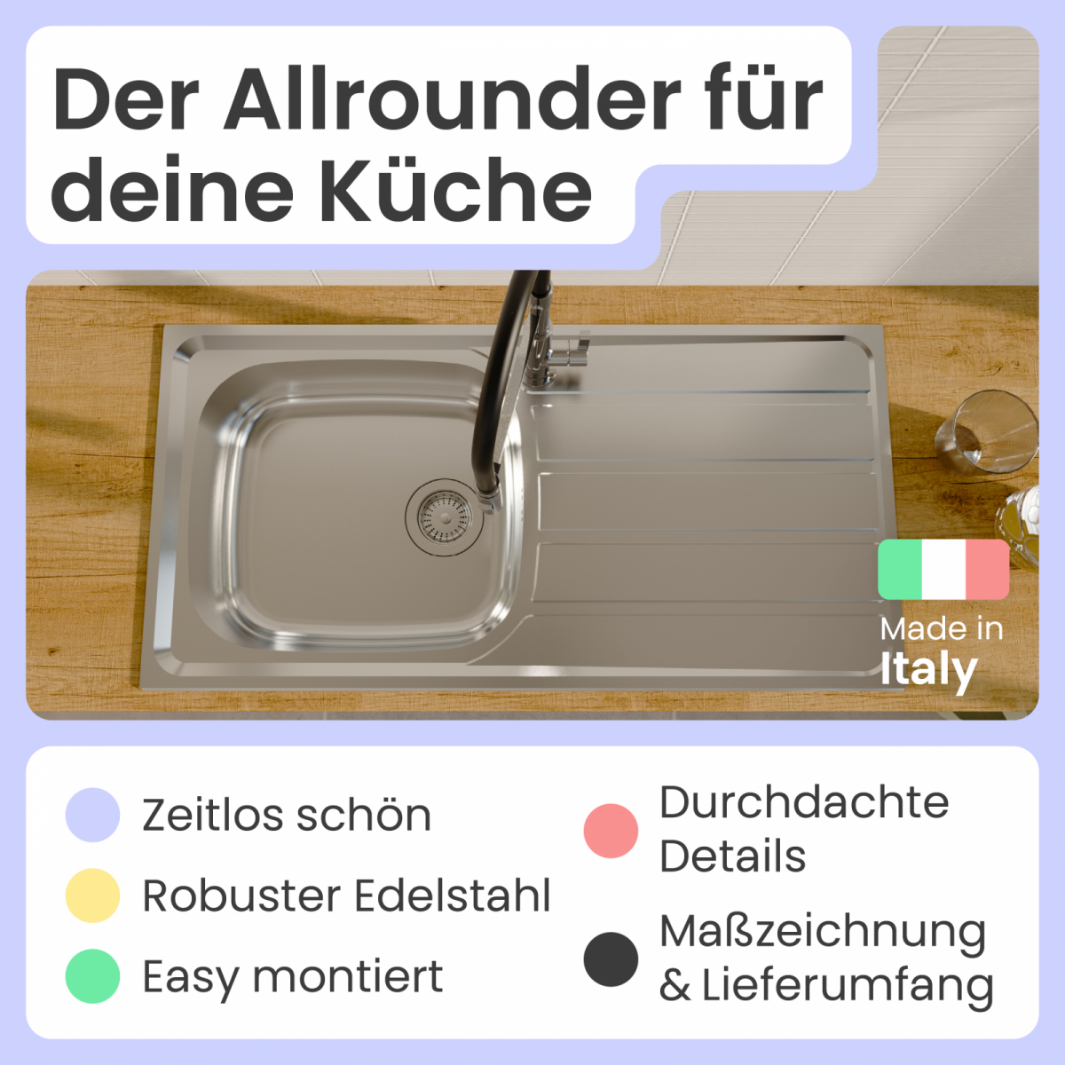 Edelstahlspüle Katharina mit Abtropffläche | instmaier