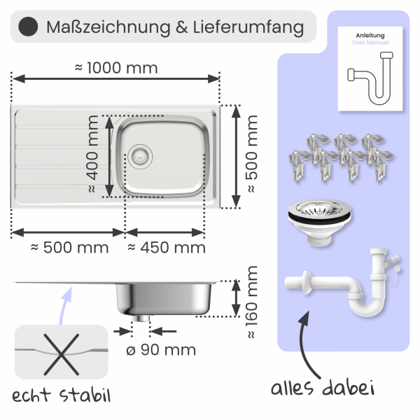 Edelstahlspüle Katharina mit Abtropffläche | instmaier